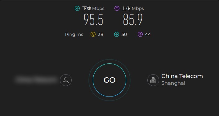 VyprVPN 在中国电信上海线路下的 Ookla Speedtest 测速结果:下载 95.5 Mbps